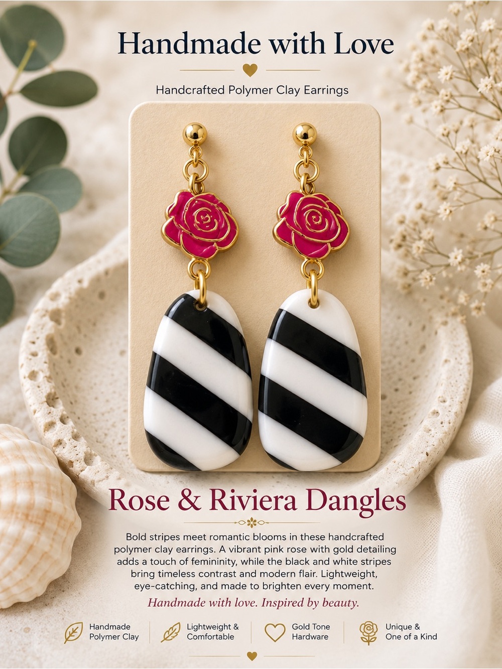 Handmade Rose & Black-White Striped Dangle Earrings
